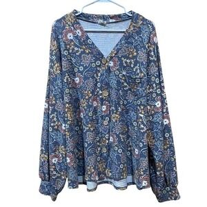 Floral BLUE BUTTERCUP Top boho Soft Cozy Oversized SZ large Button detail Blouse